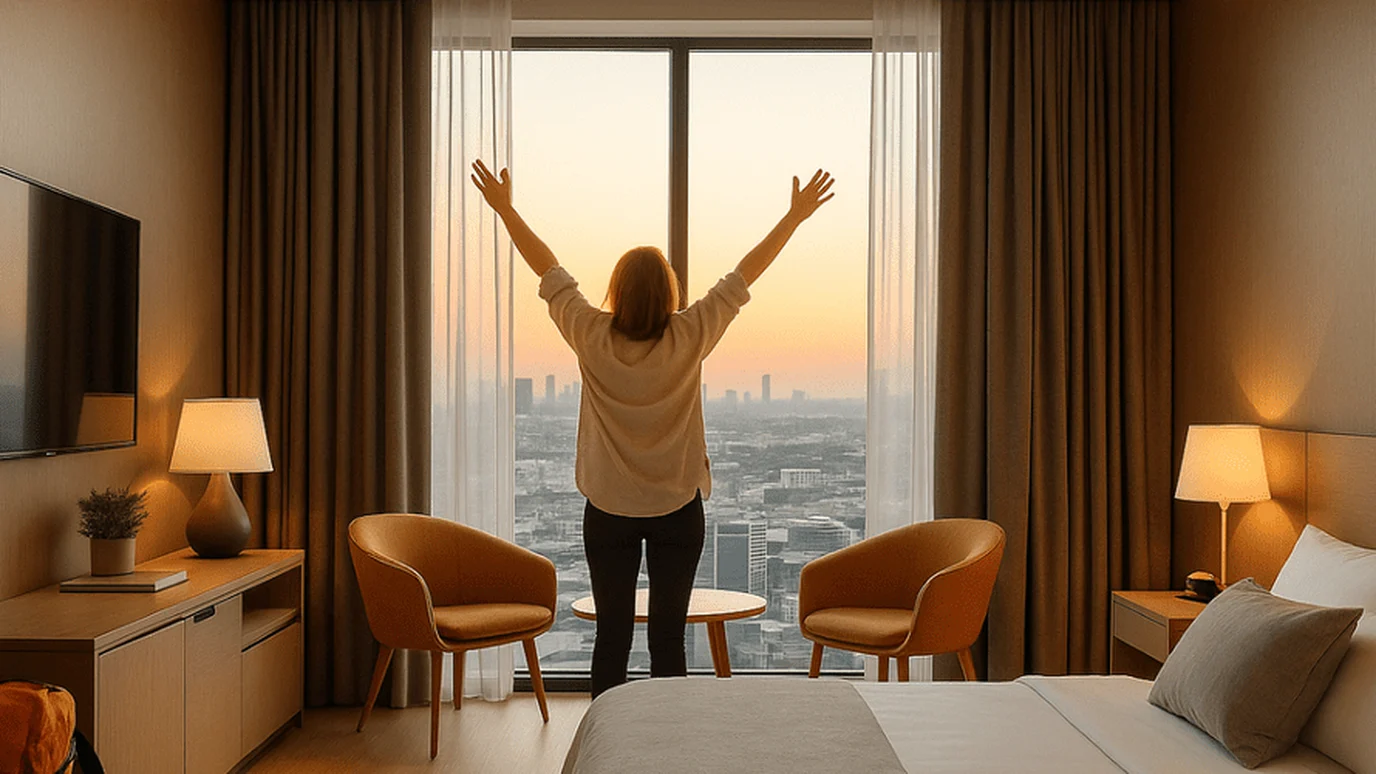 A hotel guest with open arms at a room window at sunset