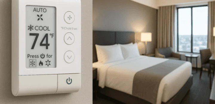 Um hóspede de hotel de braços abertos diante da janela do quarto ao pôr do sol